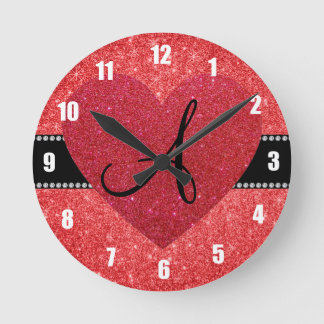 Monogram red glitter red heart round clock