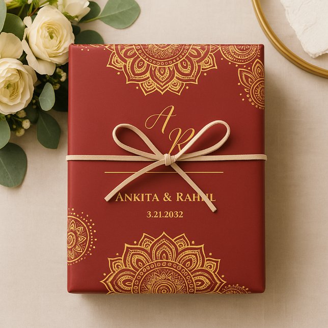 Monogram Red Gold Mandala Indian Wedding  Wrapping Paper Sheet (Monogram Red Gold Mandala Indian Wedding Wrapping Paper Sheets)