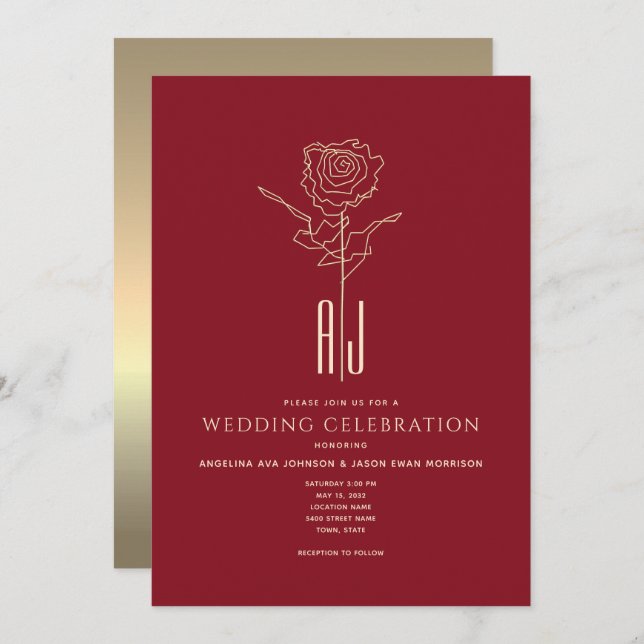 Monogram Red & Gold Wedding Invitation (Front/Back)