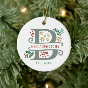 Monogram Red, Green, and Gold Letter “B” with Name Ceramic Tree Decoration