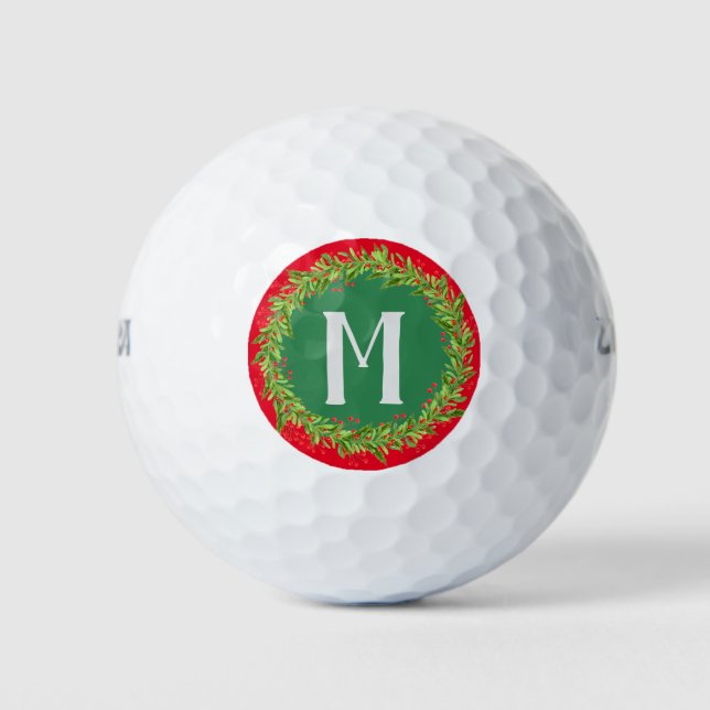 Monogram Red & Green Christmas Holiday Wreath Golf Balls (Front)