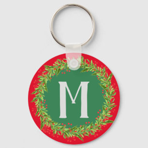 Monogram Red & Green Christmas Wreath Key Ring