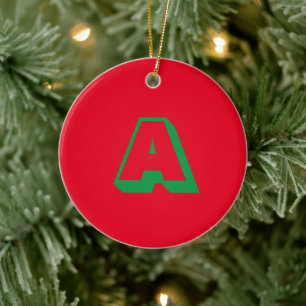 Monogram red green custom initial Christmas Ceramic Tree Decoration