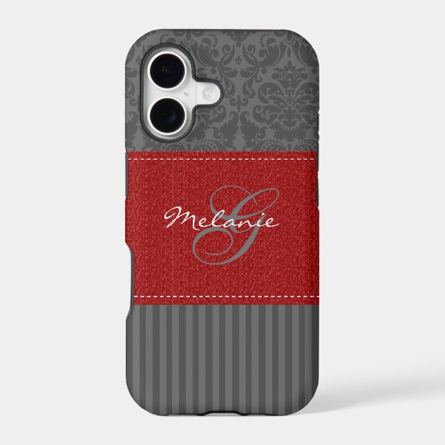 Monogram Red, Grey Damask Stripe iPhone 5 Case (Back)