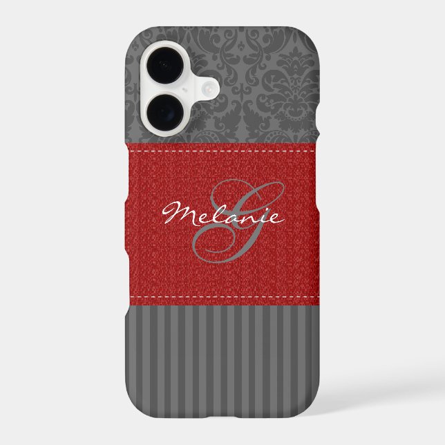 Monogram Red, Grey Damask Stripe iPhone 7 Case (Back)