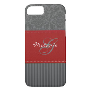 Monogram Red, Grey Damask Stripe iPhone 7 Case