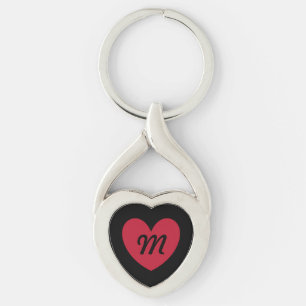 Monogram red heart on black key ring
