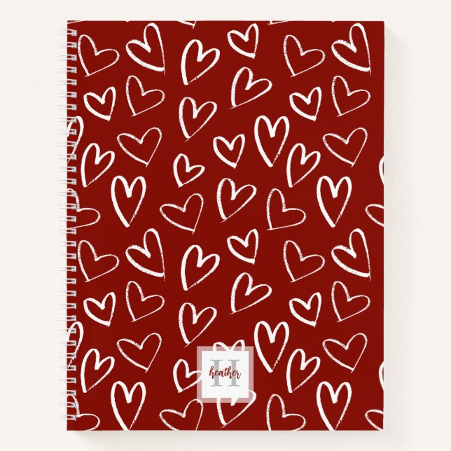 Monogram Red Heart Pattern Sketchbook Notebook (Front)