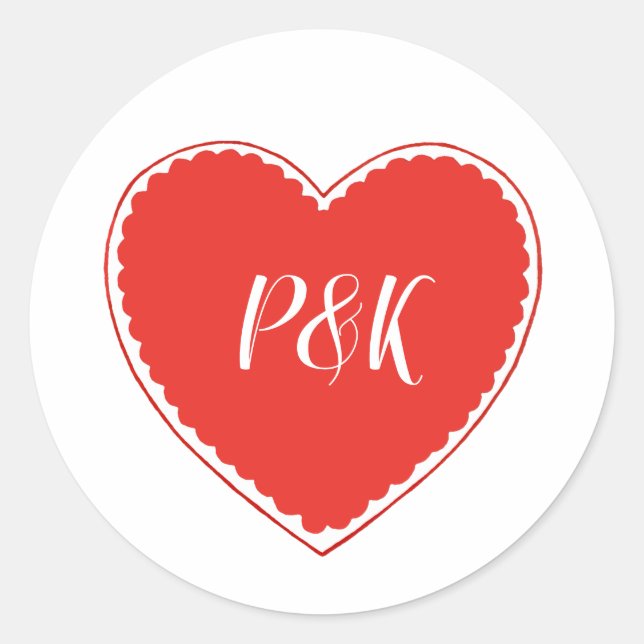 Monogram Red Heart Valentine Classic Round Sticker (Front)