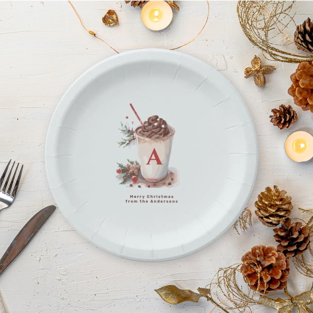 Monogram Red Hot Cocoa Coffee Christmas Party   Paper Plate (Creator Uploaded)