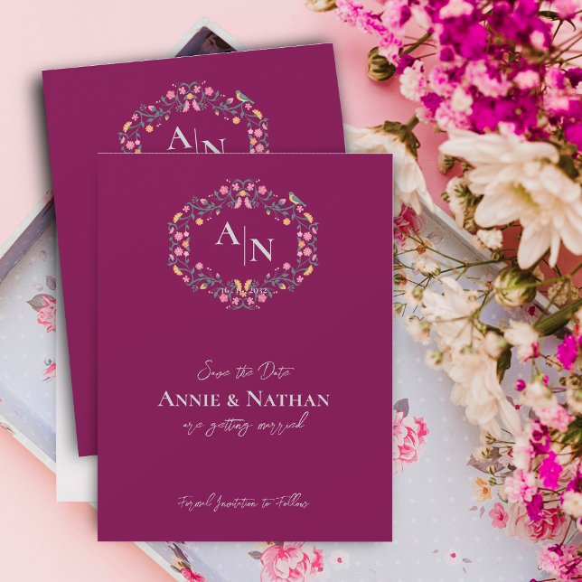 Monogram Red Intricate Floral Wedding Announcement (Monogram Red Intricate Floral Wedding Announcement)