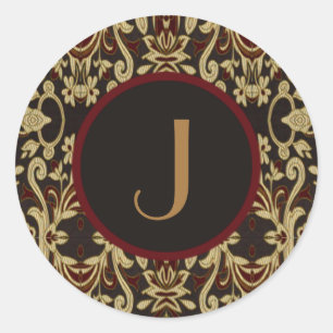 Monogram Red, Ivory, Dark Grey Thai Floral Brocade Classic Round Sticker