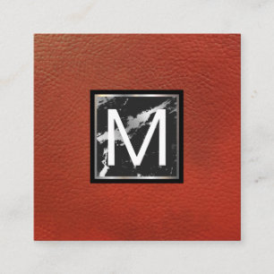 Monogram Red Leather Marble Metal Trim Square Business Card