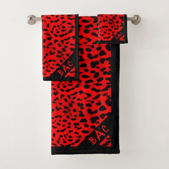 Monogram Red Leopard Print Bath Towel Set (Insitu)
