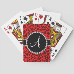 Monogram red leopard print circle playing cards