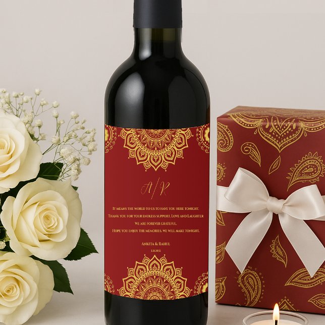 Monogram Red Mandala Indian Wedding Favour Wine Label (Monogram Red Mandala Indian Wedding Favor Wine Label)