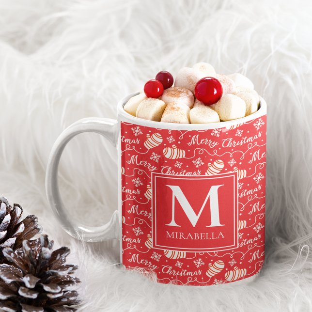 Monogram Red Merry Christmas Winter Mittens Coffee Mug (Personalized Red Monogram Merry Christmas Mittens Coffee Mug)