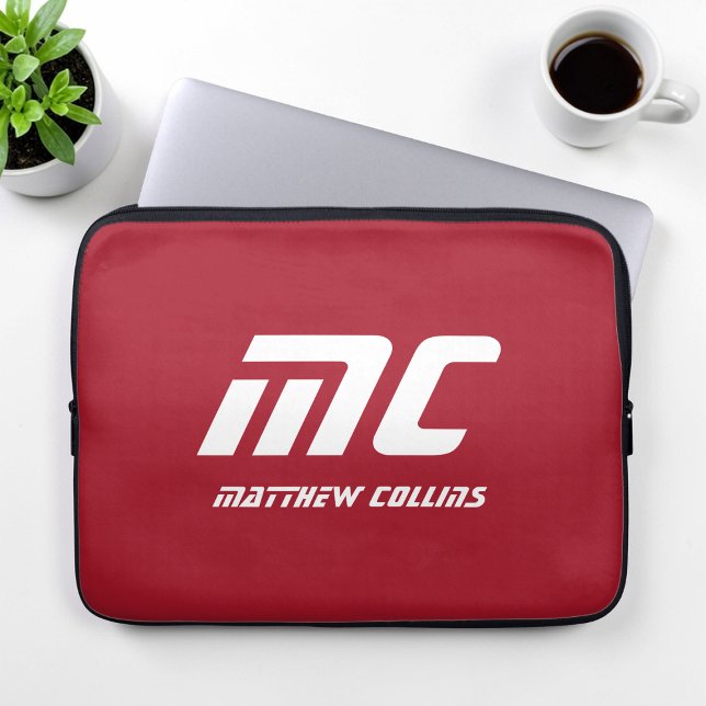 Monogram Red Minimalist Name White Text Custom Laptop Sleeve (Monogram Red Minimalist Name White Text Custom Laptop Sleeve)