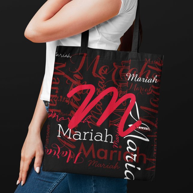 Monogram & Red Names on Black Tote Bag (overlapping names)
