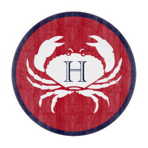 Monogram Red Navy Blue White Crab Nautical Cutting Board