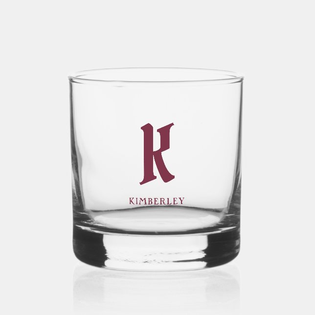 Monogram, red old style letter typography whiskey glass (Front)
