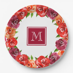 Monogram Red Orange Claret Floral Paper Plate