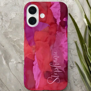 Monogram red pink abstract pattern name simple iPhone 16 case