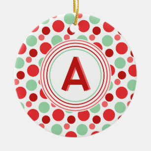 Monogram Red Pink and Green Polka Dots Ceramic Tree Decoration
