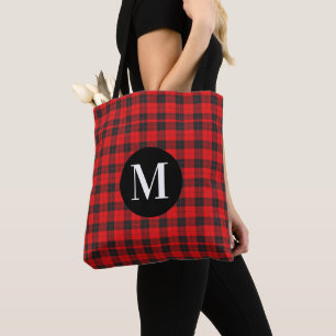 Monogram Red Plaid Tote Bag