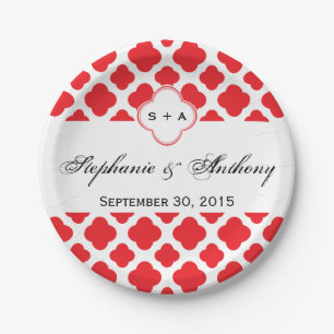 Monogram Red Quatrefoil Pattern Wedding Paper Plate