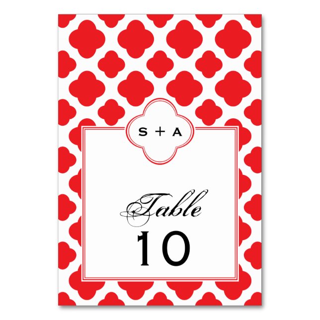 Monogram Red Quatrefoil Pattern Wedding Table Number (Front)