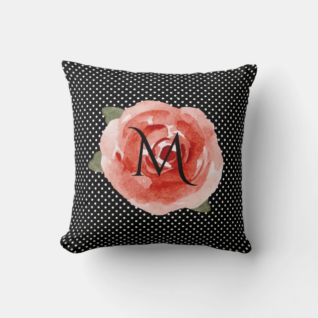 Monogram Red Rose Black White Polka Dots Cushion (Front)