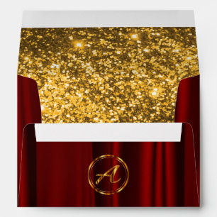 Monogram - Red Satin & Lined Faux Gold Glitter Envelope