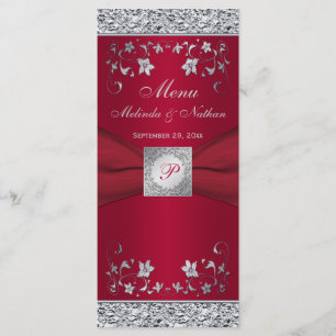 Monogram Red, Silver Foil-LOOK Floral Menu Card