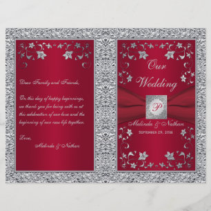 Monogram Red, Silver Foil-LOOK Wedding Program