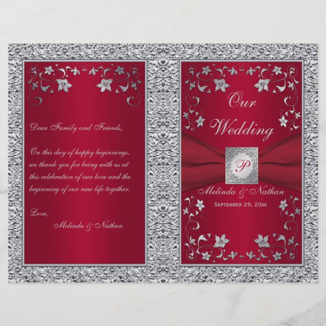 Monogram Red, Silver Foil-LOOK Wedding Program (Front)