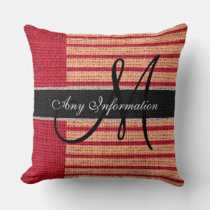 Monogram Red Stripes Burlap Rustic Jute Cushion