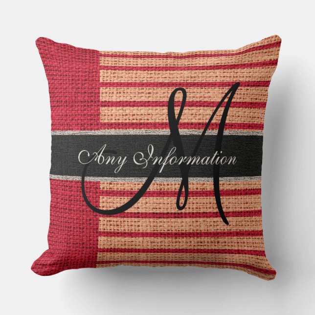 Monogram Red Stripes Burlap Rustic Jute Cushion (Front)