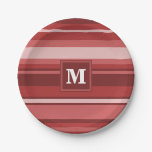 Monogram red stripes paper plate