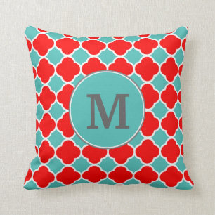 Monogram Red Teal Quatrefoil Pattern Cushion
