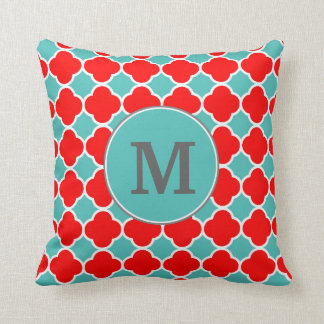Monogram Red Teal Quatrefoil Pattern Cushion
