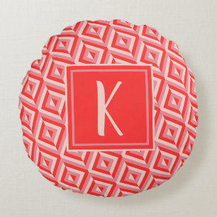 Monogram Red Three-Tone Diamond Pattern Round Cushion