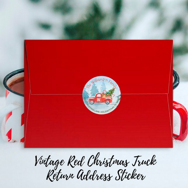 Monogram Red Truck Return Address Christmas Classic Round Sticker (Creator Uploaded)
