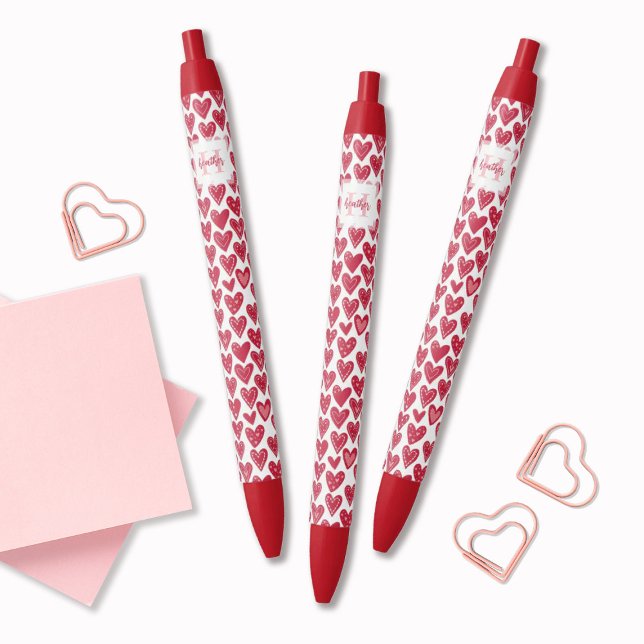 Monogram Red Valentine Heart Pattern Black Ink Pen (Cute monogram red heart pattern pens. so girly & fun! A great gift for a friend for Valentine's Day.)
