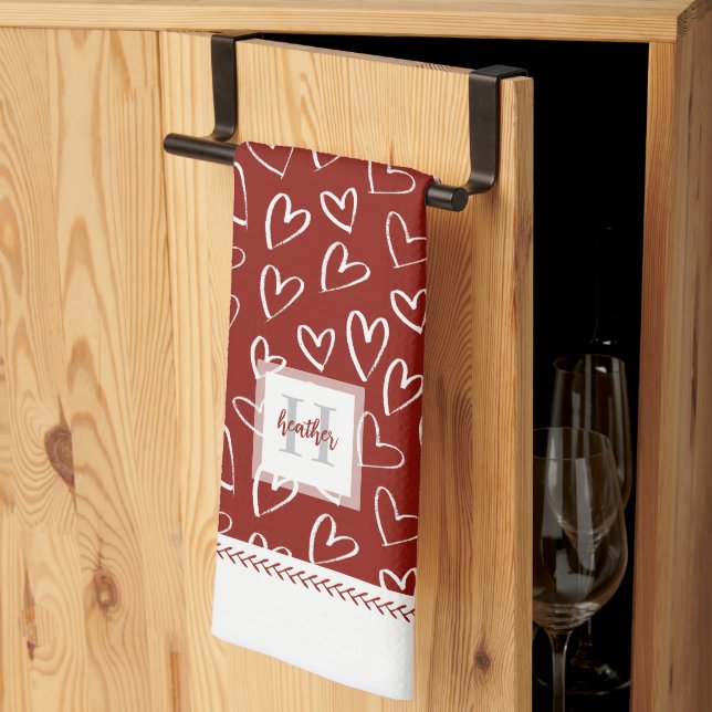 Monogram Red Valentine Heart Pattern Tea Towel (Thirds Fold)
