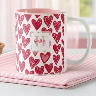 Monogram Red Valentine Heart Pattern Two-Tone Coffee Mug