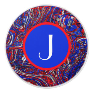 Monogram Red, White, and Blue Abstract Ceramic Knob