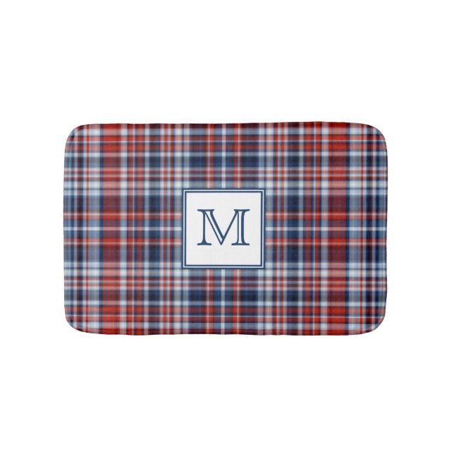 Monogram Red White and Blue Plaid Bath Mat (Front)