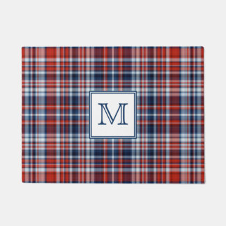 Monogram Red White and Blue Plaid Doormat
