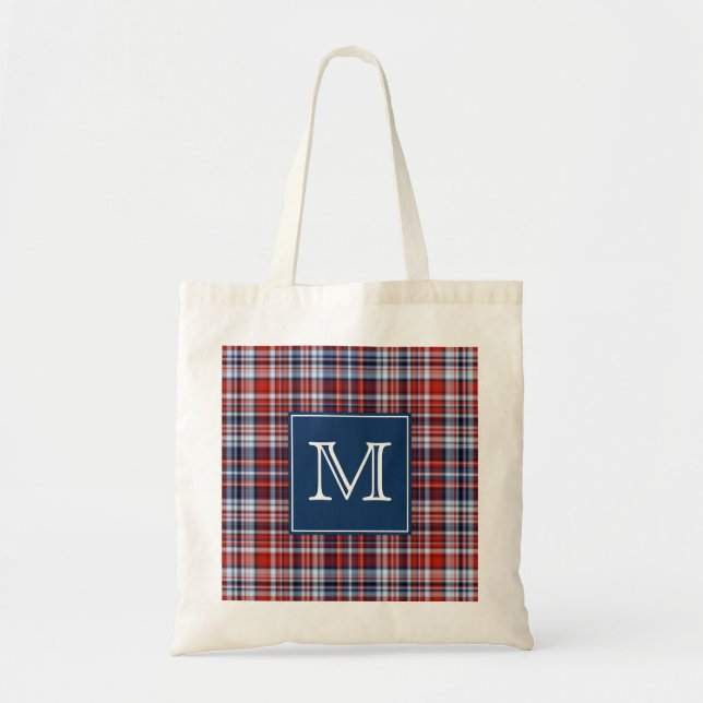 Monogram Red White and Blue Plaid Tote Bag (Front)